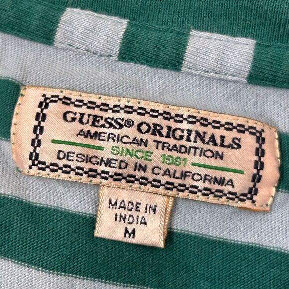 Guess Mens T-Shirt Medium Striped Short Sleeve 90s Y2K Spellout Embroidered Blue - Picture 2 of 10